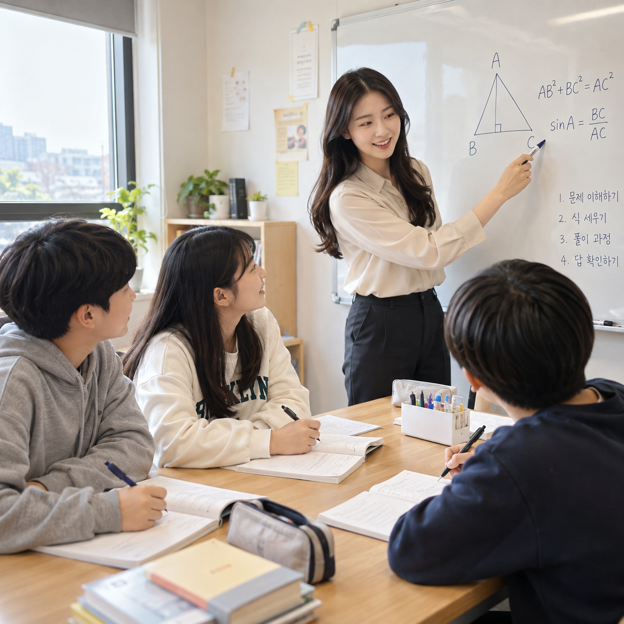 공부방 교습소에서 선생님이 소수 학생을 가르치는 모습